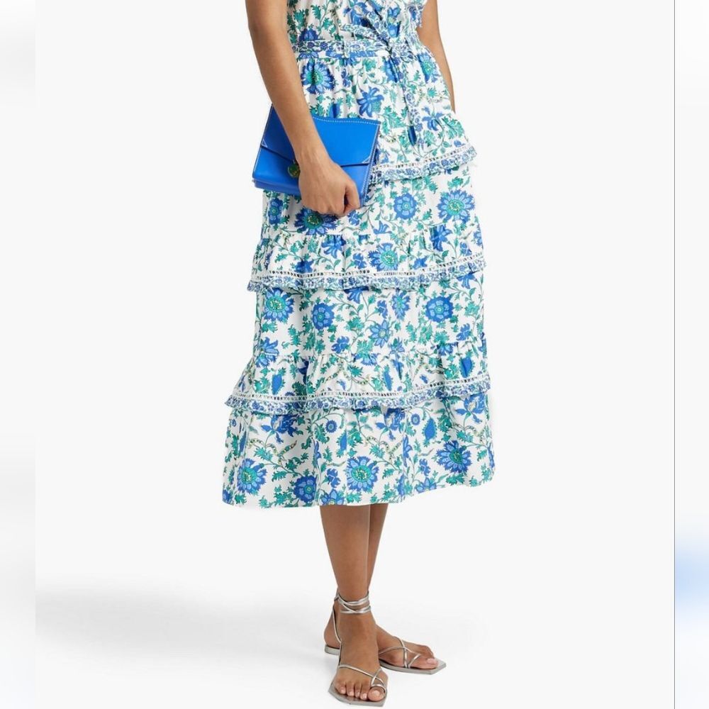 Derek Lam 10 Crosby Nemea Floral Ruffle Midi Skirt Size 2 Blue/Green